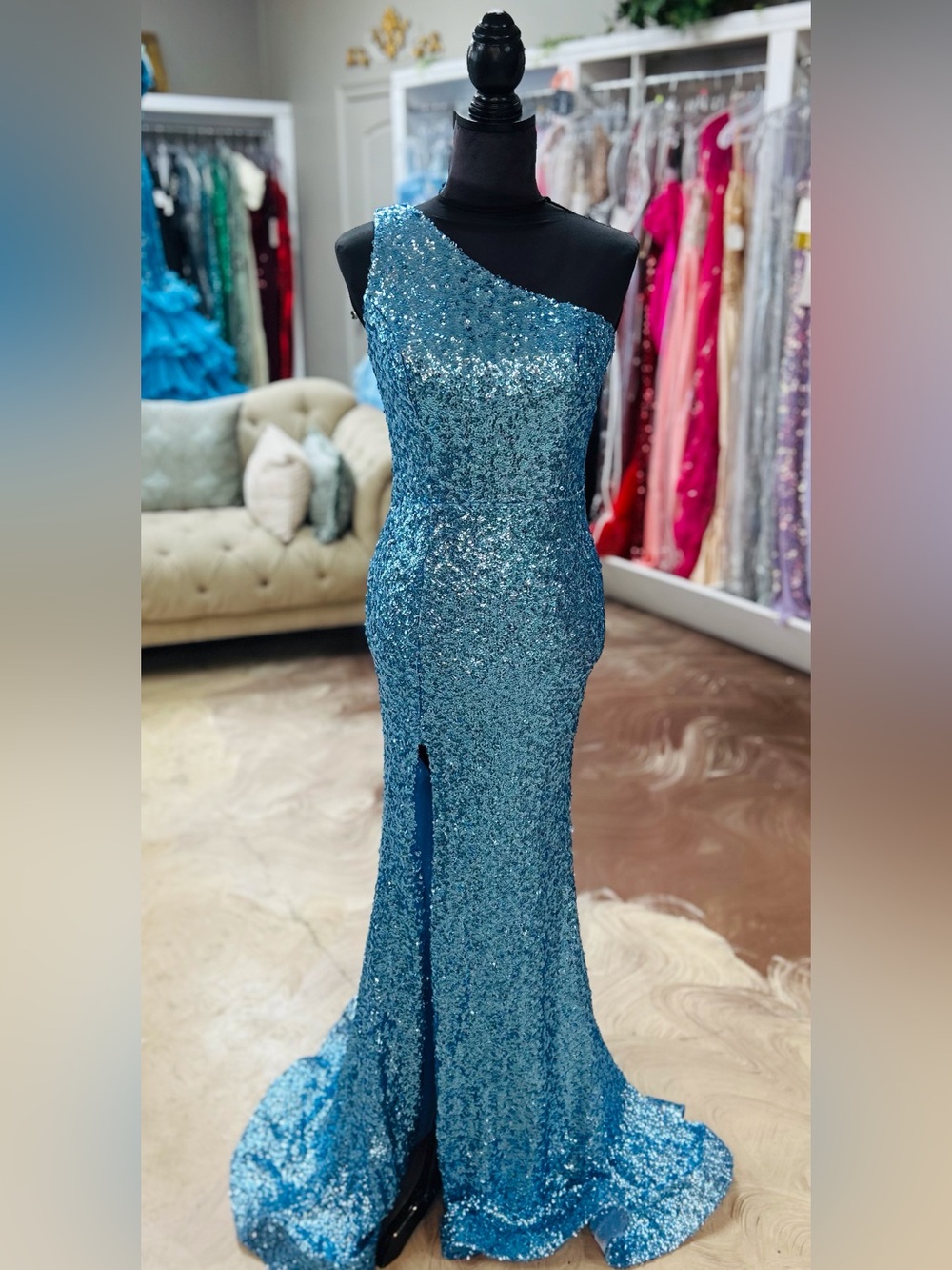 Portia and Scarlett Teal Blue One-Shoulder Sequin Evening Gown